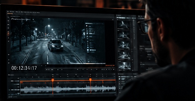Especialista analisando imagens em uma estação forense